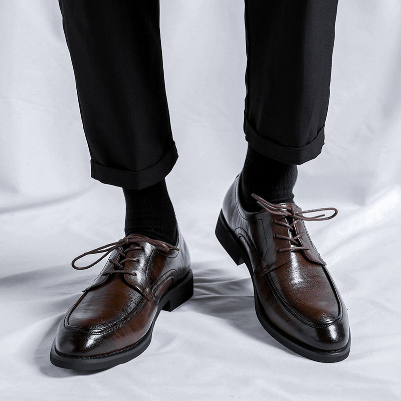 BROWN LEATHER SHOES MENS LEATHER BUSINESS FORMAL WEAR WEDDING GROOM SHOES BRITISH CASUAL LUXURY OXFORD INNER HEIGHTENED MENS SHOES