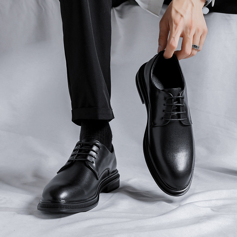 BLACK LEATHER SHOES MENS LEATHER BUSINESS FORMAL WEAR WEDDING GROOM SHOES BRITISH CASUAL LUXURY SENSE PLUS SIZE HEIGHTENED MENS SHOES