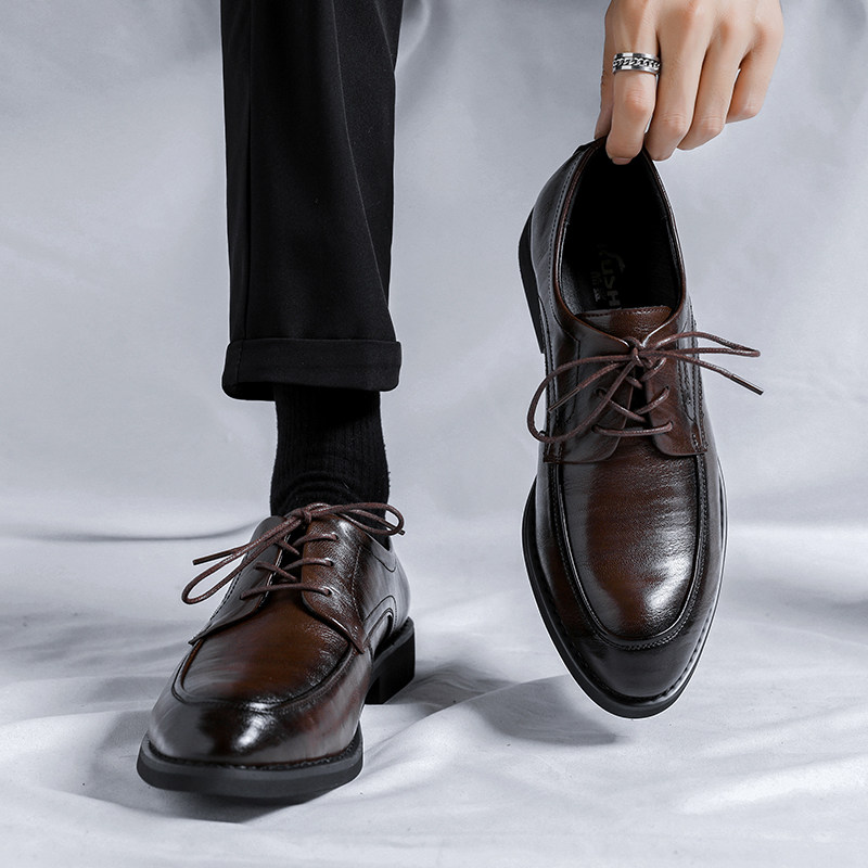 BROWN LEATHER SHOES MENS LEATHER BUSINESS FORMAL WEAR WEDDING GROOM SHOES BRITISH CASUAL LUXURY OXFORD INNER HEIGHTENED MENS SHOES