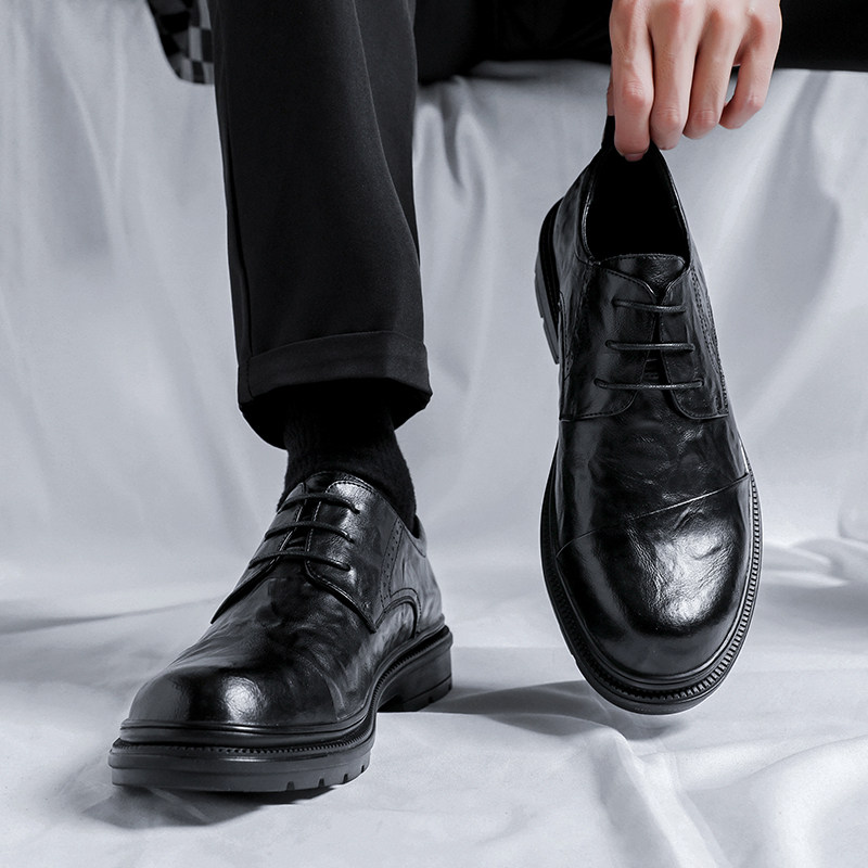BIG SCALP SHOES MENS LEATHER BUSINESS FORMAL WEAR COMMUTER DERBY ROUND TOE CASUAL FEET WIDE WEDDING GROOM SHOES INCREASE HEIGHT MENS SHOES