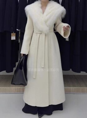 （上新）长款狐狸毛大毛领2025冬羊毛大衣韩版系带纯色毛呢外套女