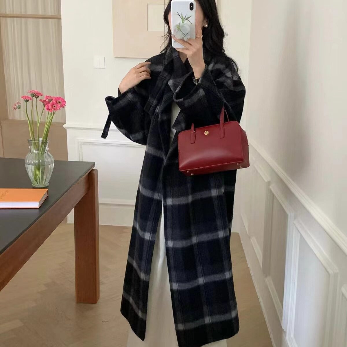清仓秋冬新款双面毛大衣秋冬中长款过膝时尚气质格子毛呢外套女装