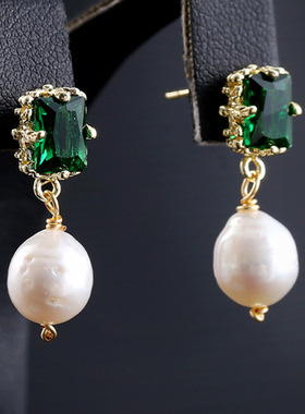 名媛风淡水珍珠耳环女夏季2021年新款潮气质复古时尚个性绿色耳饰
