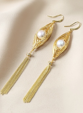 淡水珍珠流苏耳环手链项链三件套装高级感显瘦脸耳饰网红锁骨链女