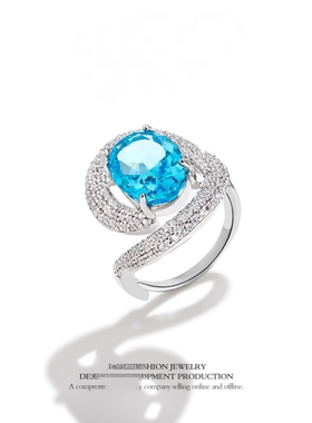 新款s925银蓝色时尚大气奢华高级感戒指开口可调节合成立方氧化锆