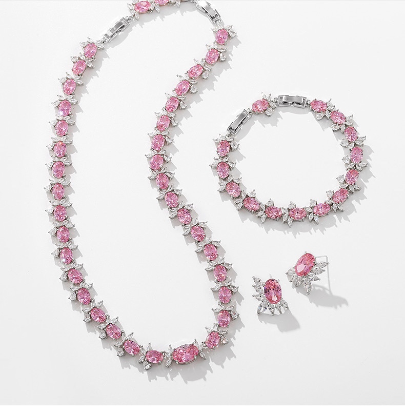 彩宝系列粉色钻石项链耳环戒指三件套高级感奢华宴会配饰网红个性