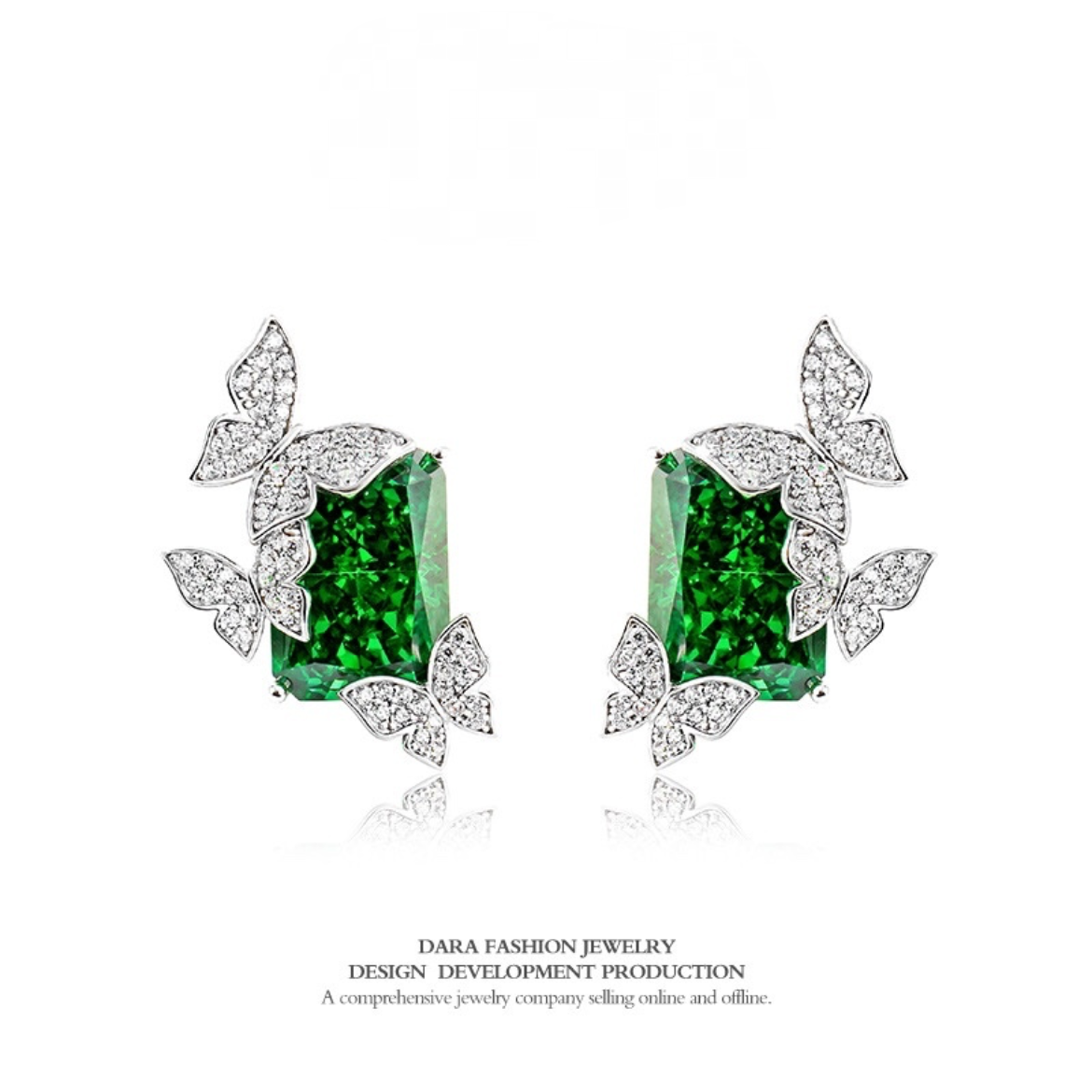 s925纯银方形绿色钻石蝴蝶耳环时尚气质高雅奢华耳钉高级感个性
