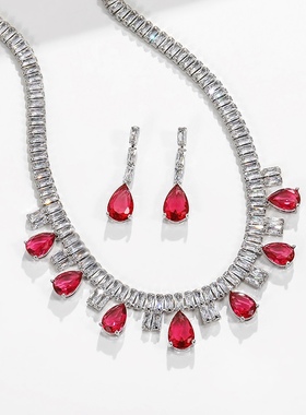 红色水滴项链耳环两件套时尚气质设计感轻奢锁骨链合成立方氧化锆