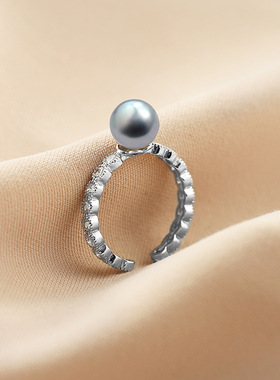 925银时尚个性海水珍珠7mm戒指新款潮女气质小众设计食指戒开口指