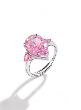 s925纯银粉色水滴三石戒指时尚气质高雅奢华设计感个性高级感戒指