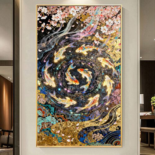 新中式DIY手工贴钻树脂方钻满钻钻石画钻石绣带钻桃花九鱼图玄关