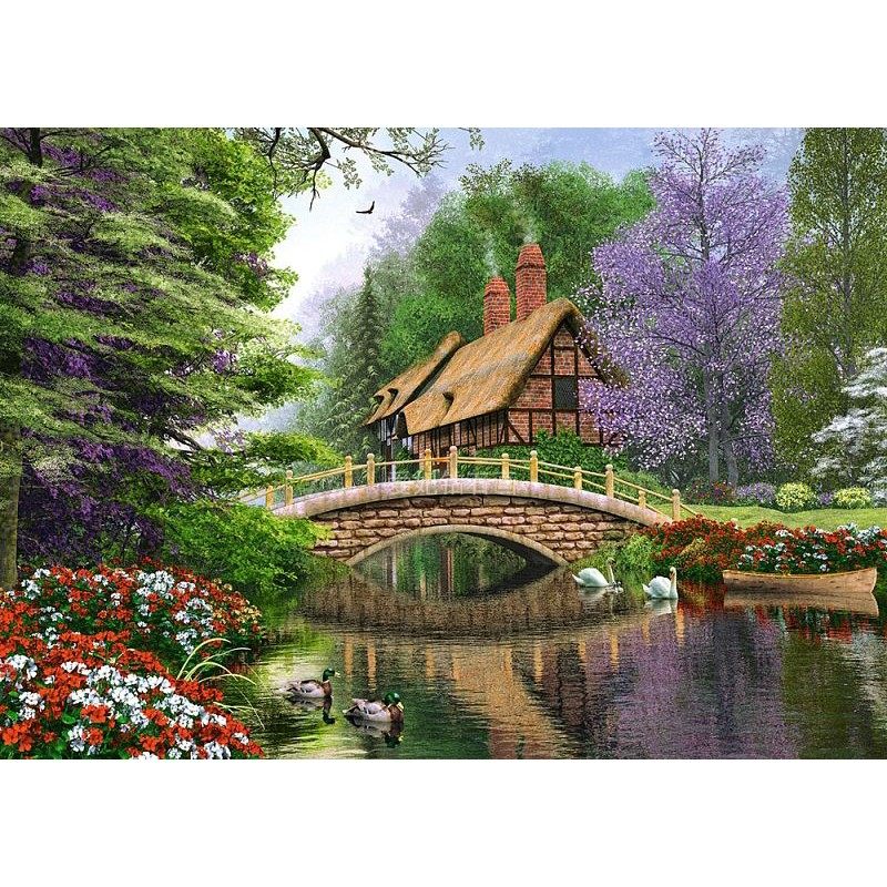 DIY方钻满钻钻石画砖石绣小河流水小桥小屋鲜花手工粘贴钻十字绣