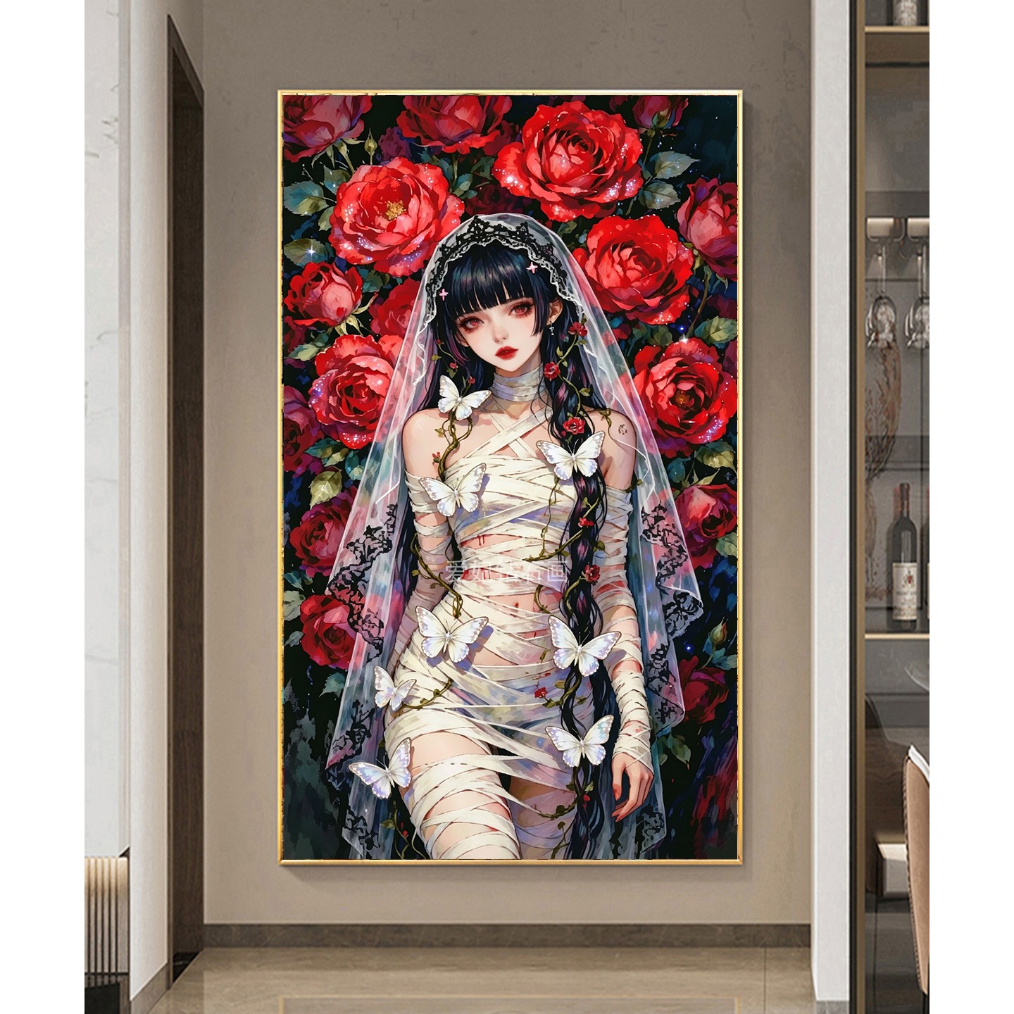 DIY方钻满钻钻石画贴钻钻石绣带钻红玫瑰绷带裙头纱蝴蝶美女玄关