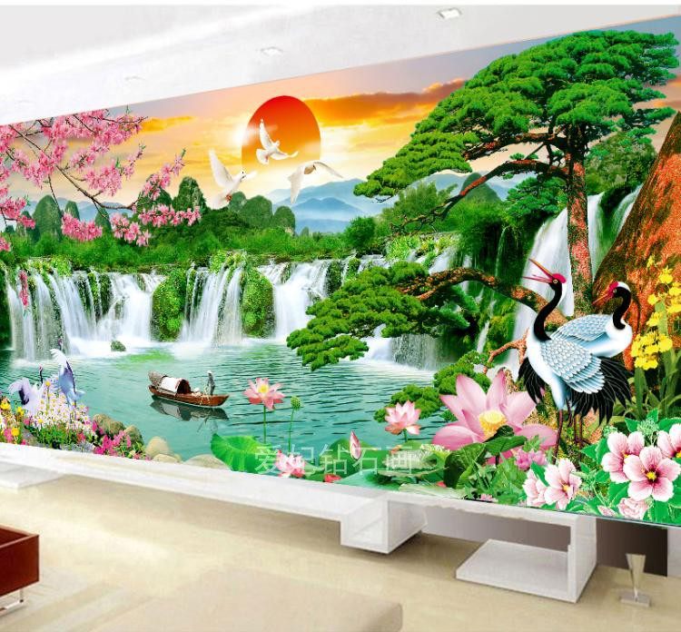 2019新款客厅风景画方钻满钻钻石画十字绣流水生财旭日东升聚宝盆