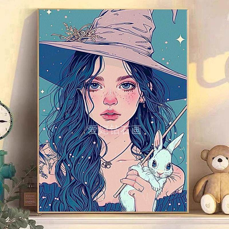 新品DIY方钻满钻钻石画钻石绣贴钻点钻十字绣黑帽子美女与兔子,居家布艺,钻石绣,淘宝优惠券,粉丝福利购,淘宝优惠卷