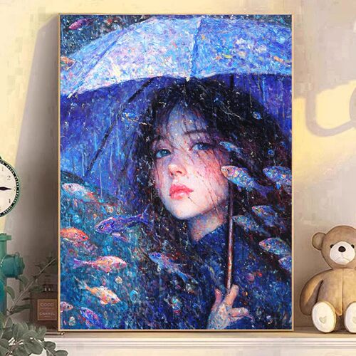 2026新款DIY方钻满钻钻石画雨中鱼群撑伞的美女粘贴钻钻石绣带钻
