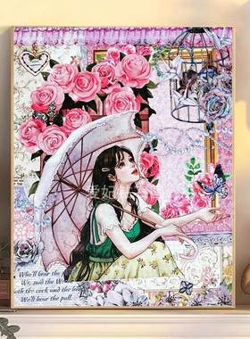 韩版DIY方钻满钻钻石画钻石绣粉玫瑰花撑伞少女手工粘贴钻十字绣