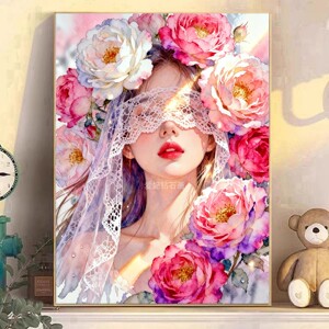 DIY手工贴钻点钻树脂方钻满钻钻石画砖绣阳光牡丹花白色头纱美女