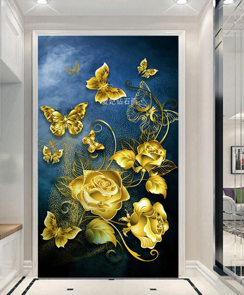 现代欧式走廊轻奢钻石画金箔3d金玫瑰花蝴蝶玄关竖版镶贴钻十字绣