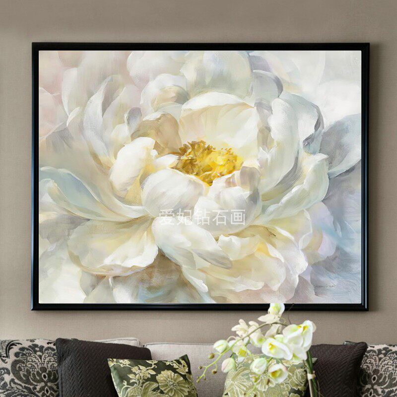 现代简约客厅DIY方钻满钻钻石画白牡丹花朵砖石画十字绣带钻套件