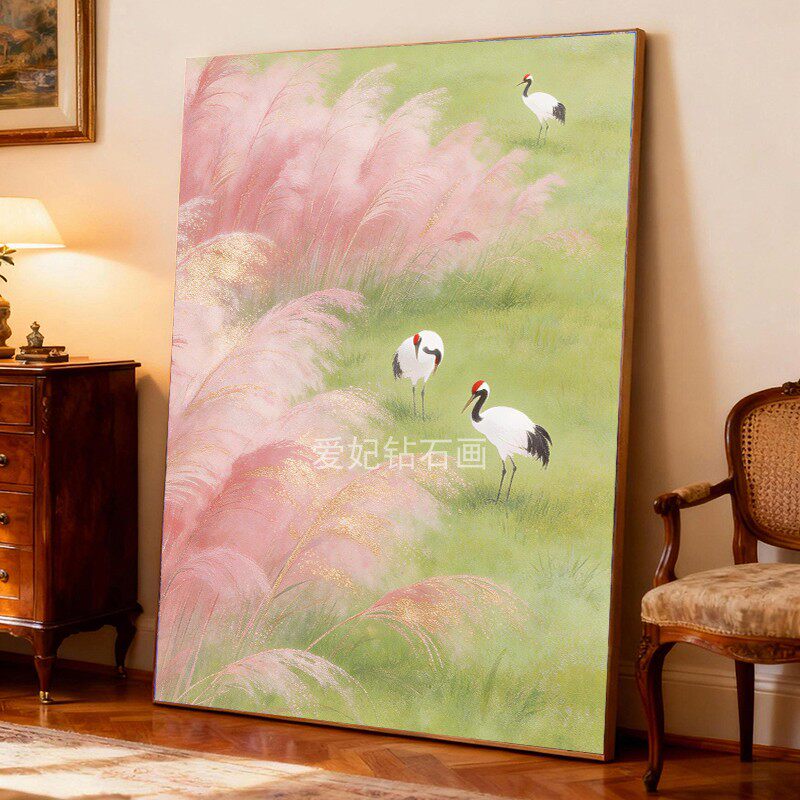 2026新款DIY树脂方钻满钻钻石绣画春意黯然粉色芦苇绿色草地白鹤