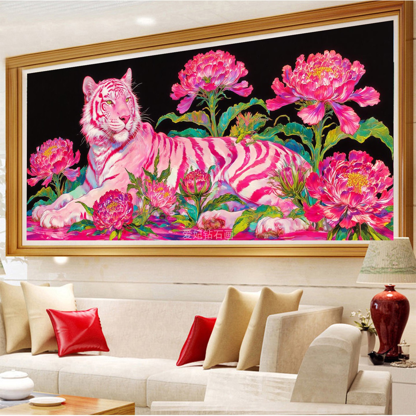 客厅横版DIY方钻满钻贴钻钻石画钻石绣带钻粉色花朵中的粉色老虎