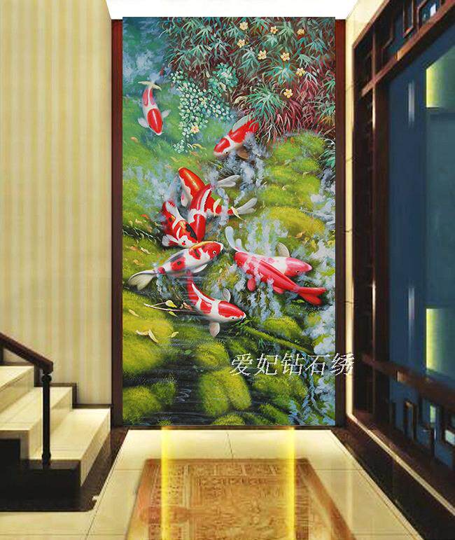 新款客厅楼梯过道走廊带钻十字绣钻石画砖石绣油画九鱼图玄关竖版