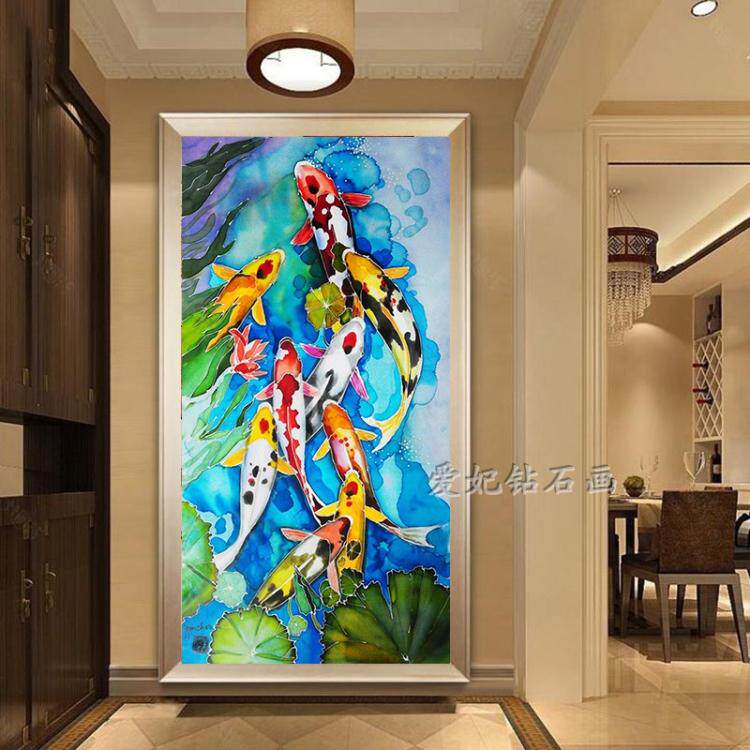 2021新款走廊过道方钻满沾贴钻石画十字绣荷花鲤鱼九鱼图玄关竖版