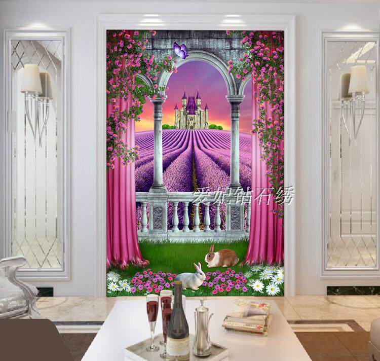 走廊玄关方钻满钻钻石画粘贴点钻十字绣套件浪漫薰衣草城堡兔子