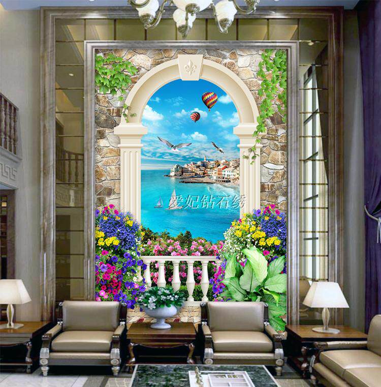 欧式别墅客厅过道走廊满钻钻石画点贴钻十字绣3D拱门海边风景玄关