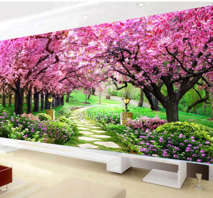 2021新款客厅DIY方钻满钻全沾贴砖石十字绣钻石画樱花林鲜花小路
