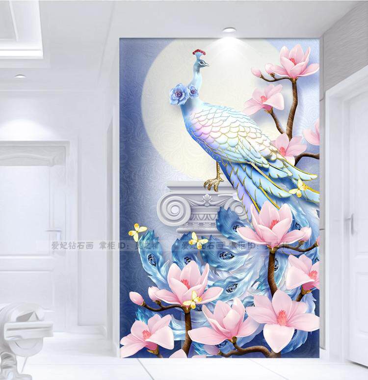2021新款欧式小清新DIY贴钻石画十字绣3D立体浮雕蓝孔雀玉兰玄关