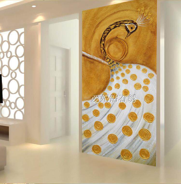 走廊现代简约时尚方钻满钻贴钻石画十字绣黄金白孔雀艺术玄关竖版