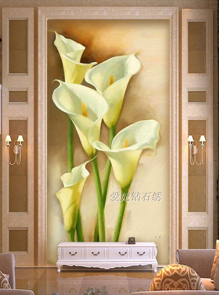 客厅现代简约玄关走廊过道方钻满贴钻石画十字绣带钻百合竖版