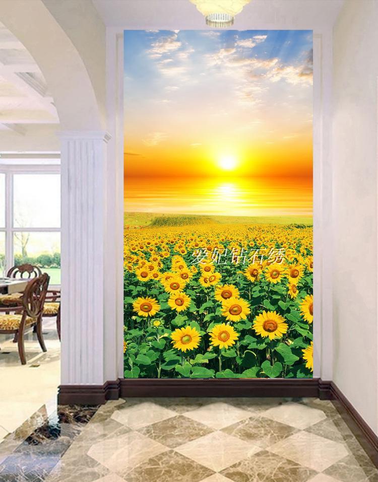 客厅现代贴钻十字绣砖石画5d满钻钻石画海上日出向日葵玄关竖版