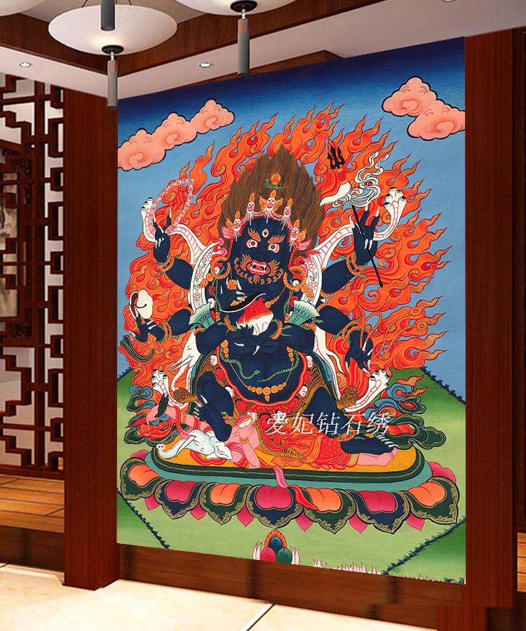 西藏族新款方钻满贴钻石画十字绣带钻唐卡大黑天财神六臂玛哈嘎拉