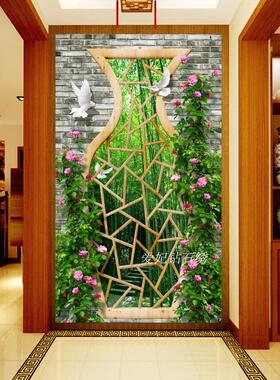 新款过道隔断绿色方钻满粘贴钻石画贴钻十字绣花瓶式窗花竹林玄关