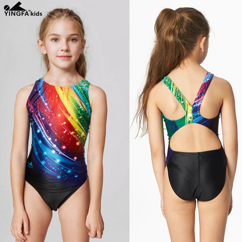 英发儿童泳衣竞速抗氯柔软贴合彩虹速干专业三角连体泳衣女童清仓