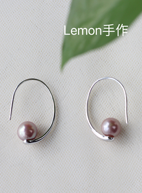S925银大耳钩金属光紫色珍珠小众设计感气质波西米亚风手工耳环女