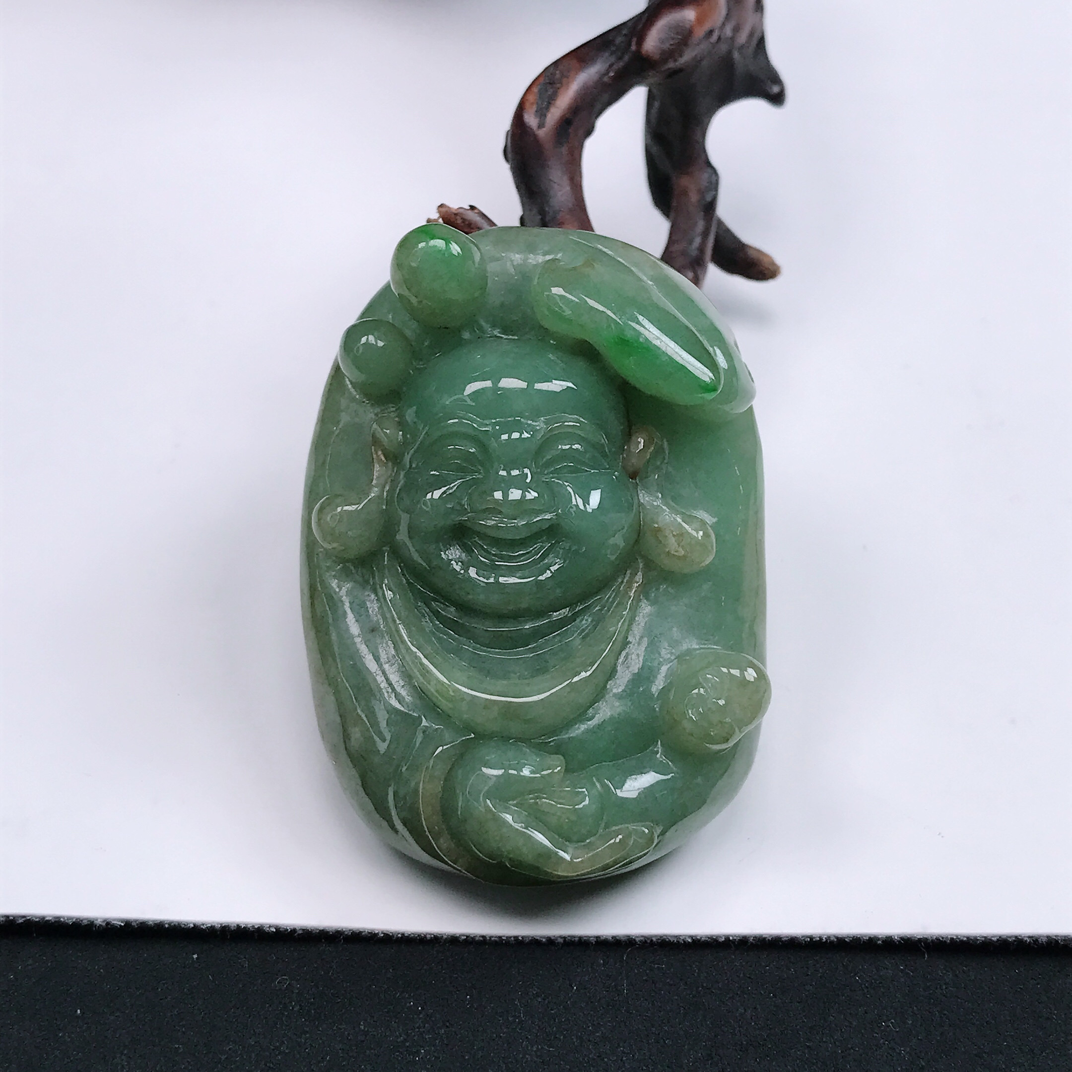 天然翡翠A货冰糯种满绿招财佛吊坠