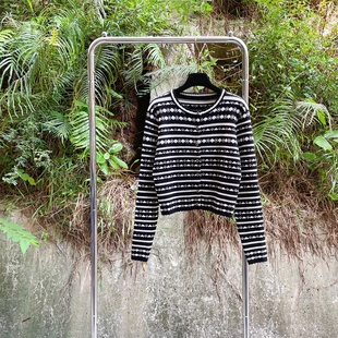 圆领长袖 女短款 毛衣外套上衣 小香风金标水洗黑白条纹针织开衫 法式