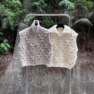 25秋冬复古粗针手打含羊毛毛衣马甲拉链针织开衫 背心叠穿韩范外搭