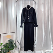 2026早春新法式 金色假两件领口镶钻收腰显瘦针织连衣裙红色宴会裙