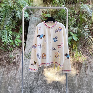 秋冬复古童趣小狗刺绣韩系软糯长袖 毛衣外套宽松百搭羊毛针织开衫