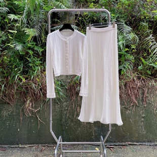 中长半身裙时尚 法式 缕空花纹长袖 针织开衫 女千金名媛风两件套 套装