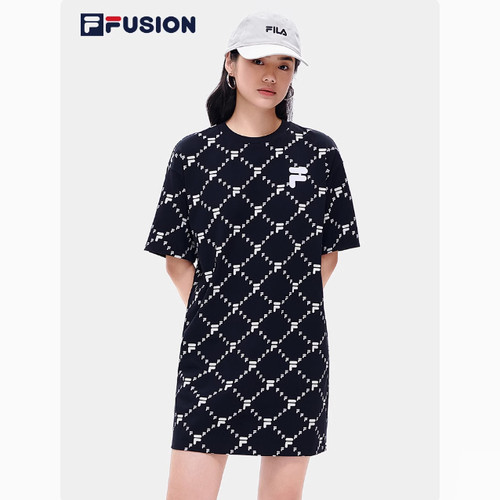 斐乐/FILA女针织连衣裙夏宽松舒适休闲满印圆领短袖裙T11W226308F