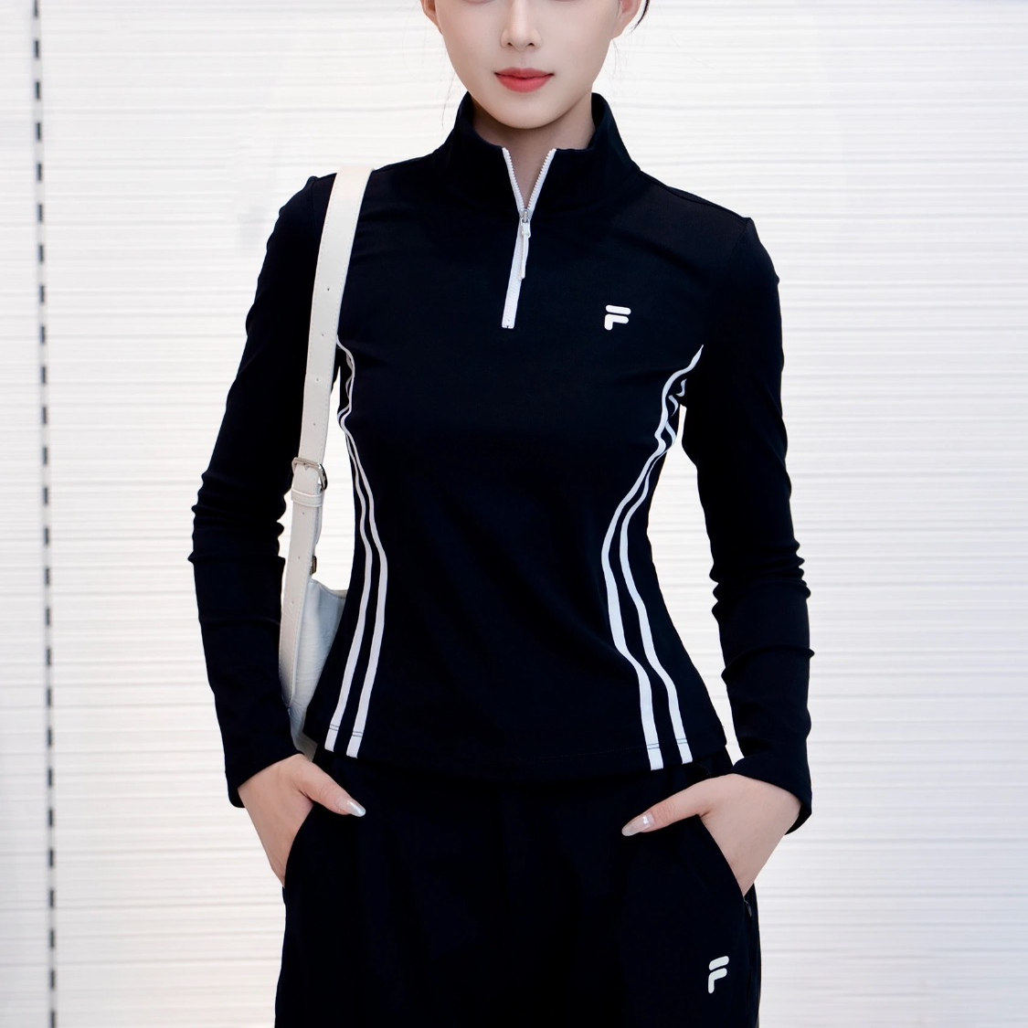 FILA/斐乐女子针织长袖衫新款时尚修身显瘦半拉链T恤T11W533213F,运动服/休闲服装,运动T恤,淘宝优惠券,粉丝福利购,淘宝优惠卷