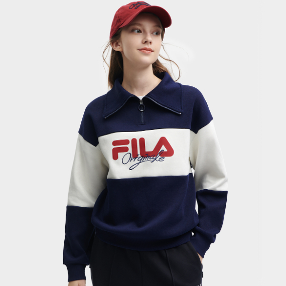 斐乐/FILA针织长袖女子上衣时尚宽松撞色翻领上衣F11W349208F