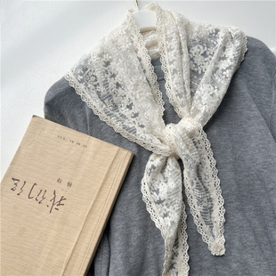 饰领巾冬季 围脖披肩 花边刺绣丝巾护颈装 春秋蕾丝三角巾围巾女薄款