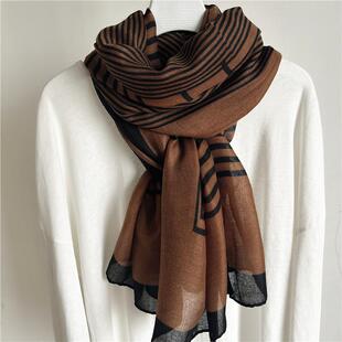 时尚女士围巾春秋薄款棉麻新款百搭韩版文艺丝巾条纹冬季纱巾披肩